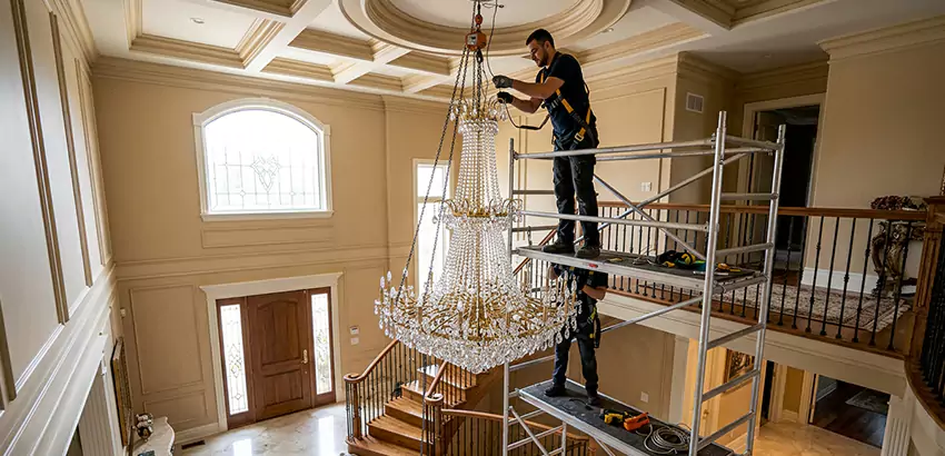Two-Story Foyer Chandelier Installation in Alabaster